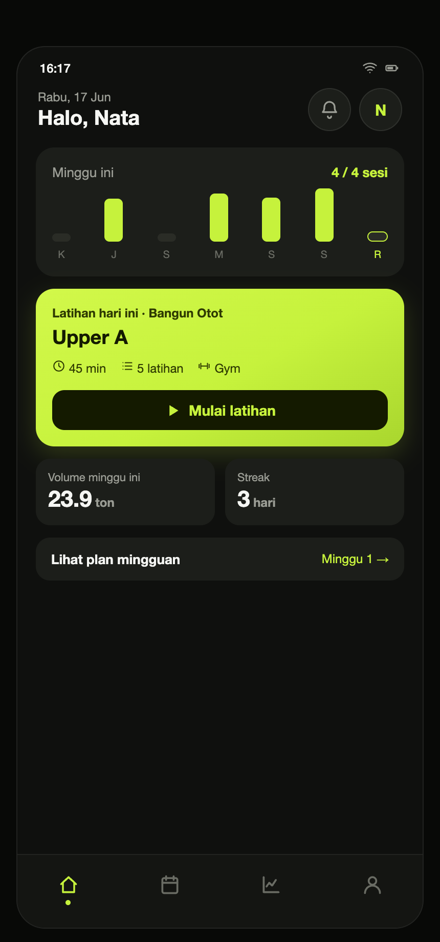 Layar utama aplikasi RAGA menampilkan latihan hari ini dan statistik