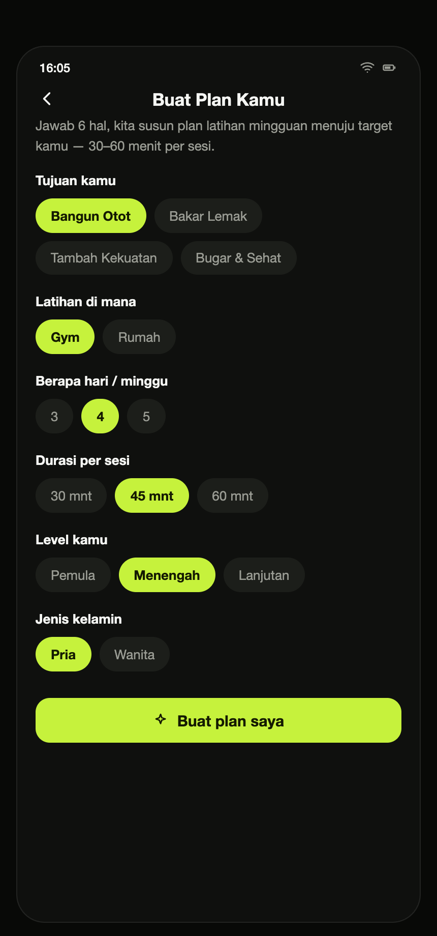 Layar onboarding memilih tujuan, tempat, durasi