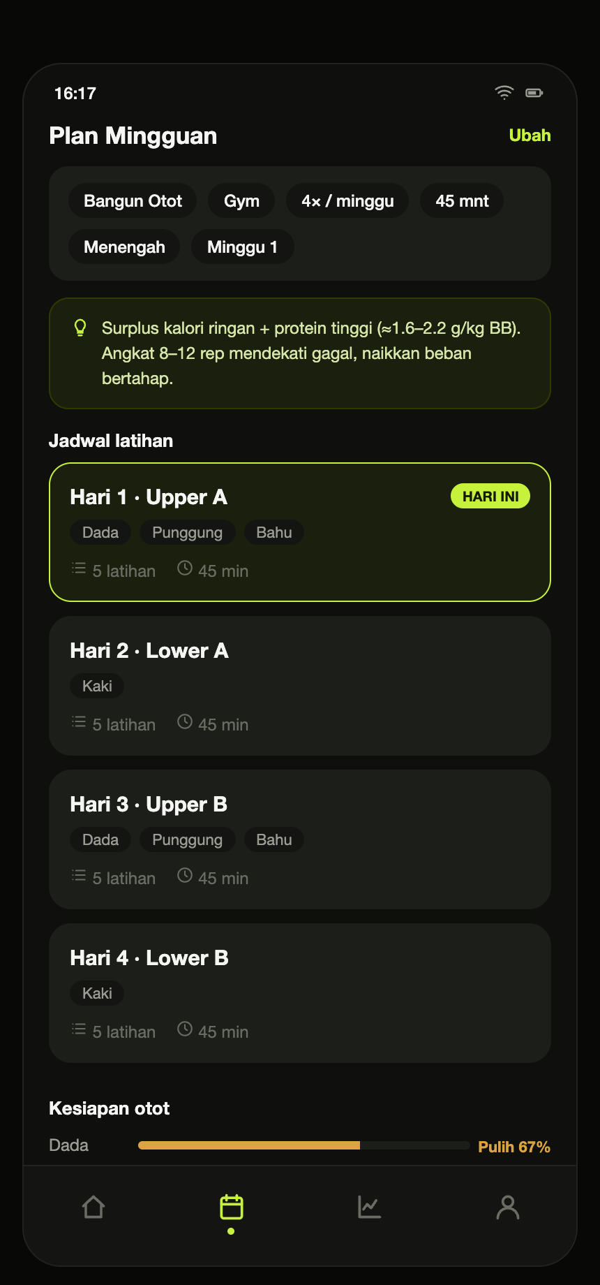 Plan mingguan dengan jadwal latihan